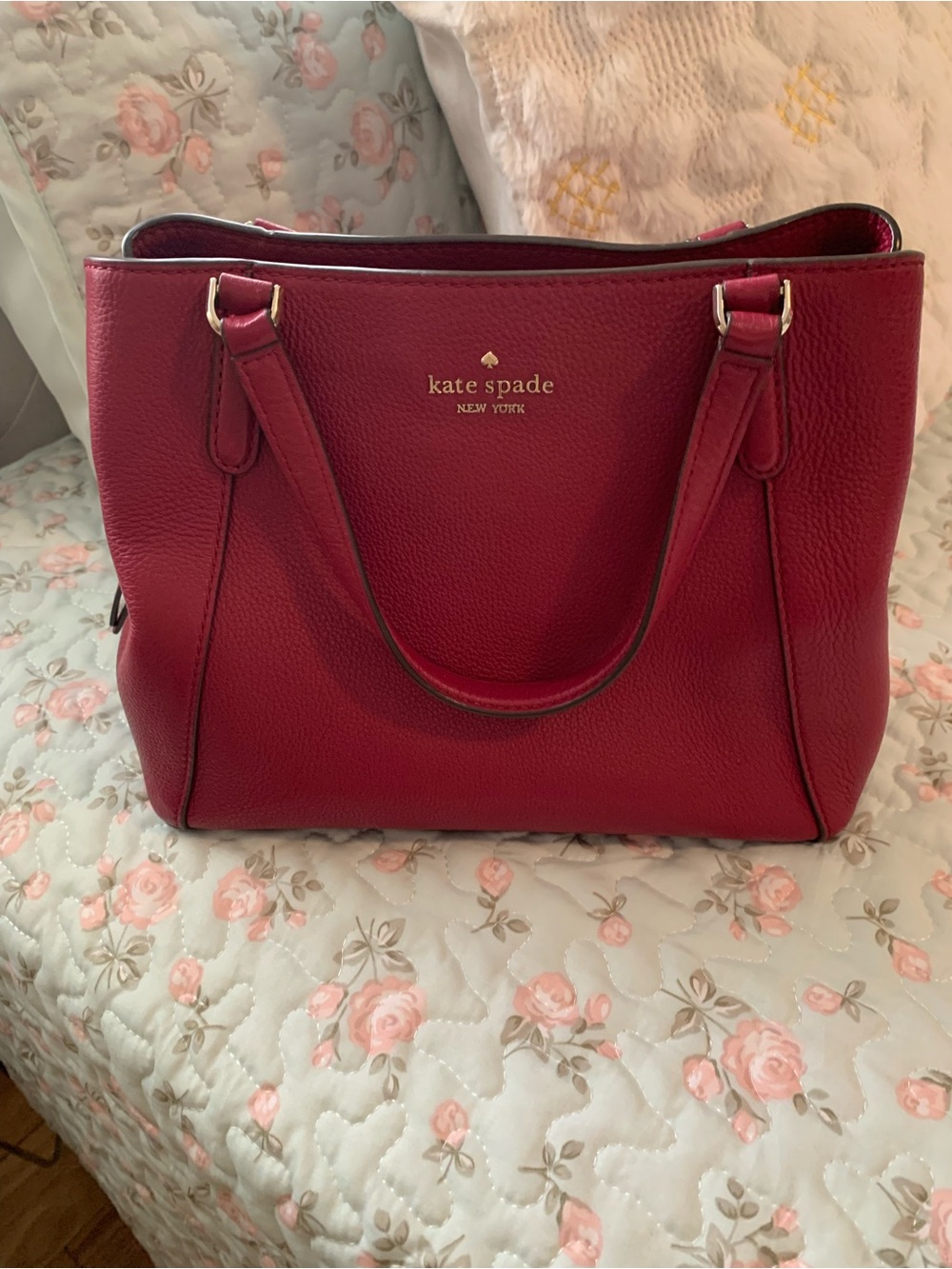 Kate Spade Raspberry Pebbled Leather Satchel with Gold Tone Hardware